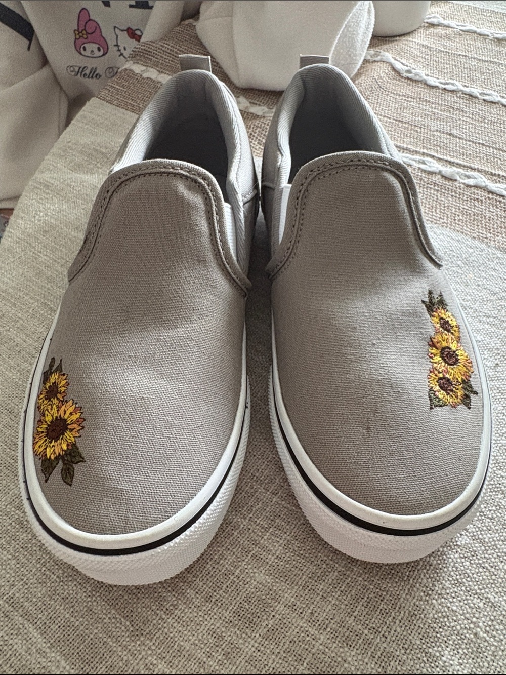 Vans Kids Slip-On Sneakers in Gray with Sunflower Embroidery